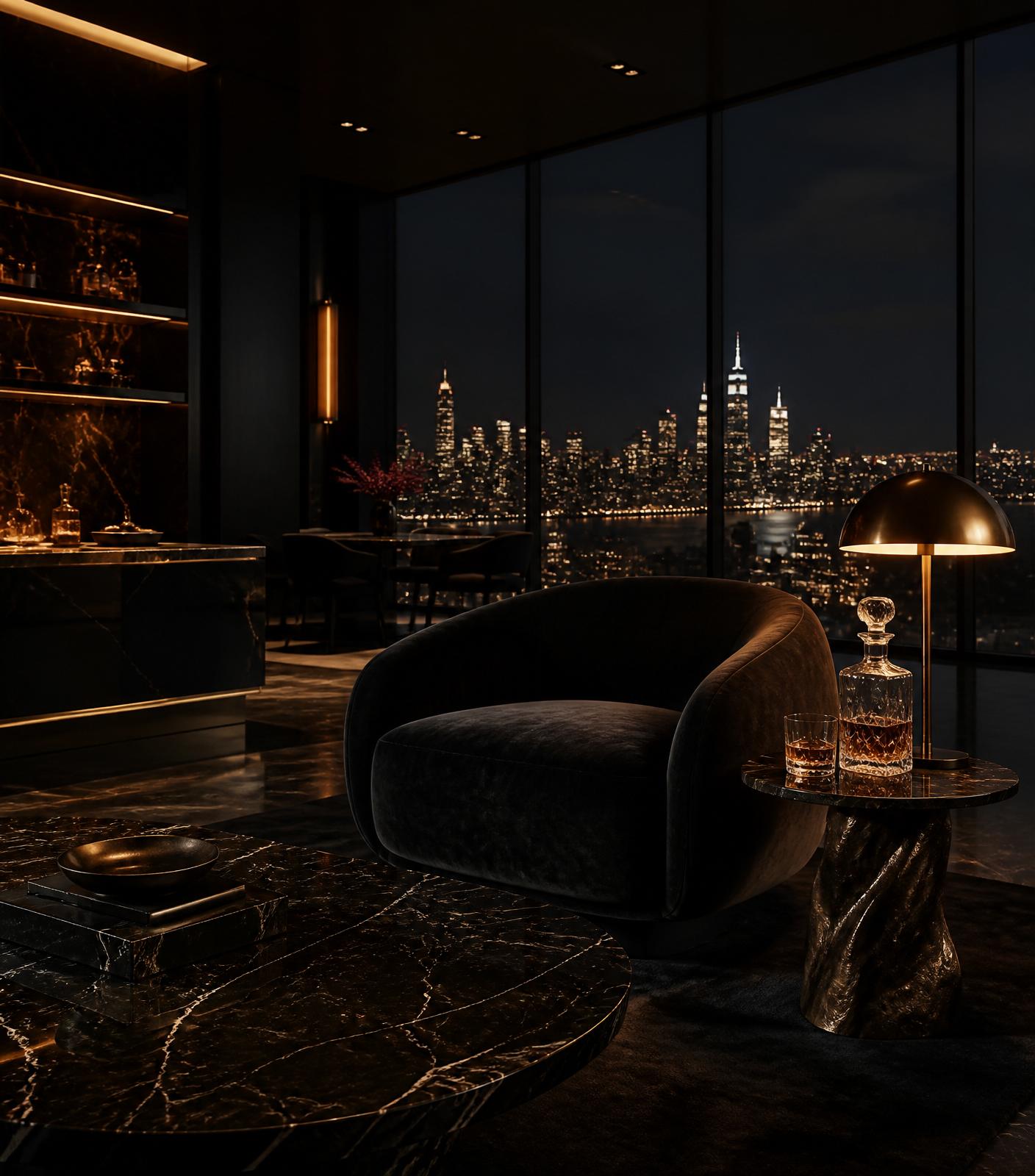 Dark luxury penthouse interior at night with skyline view