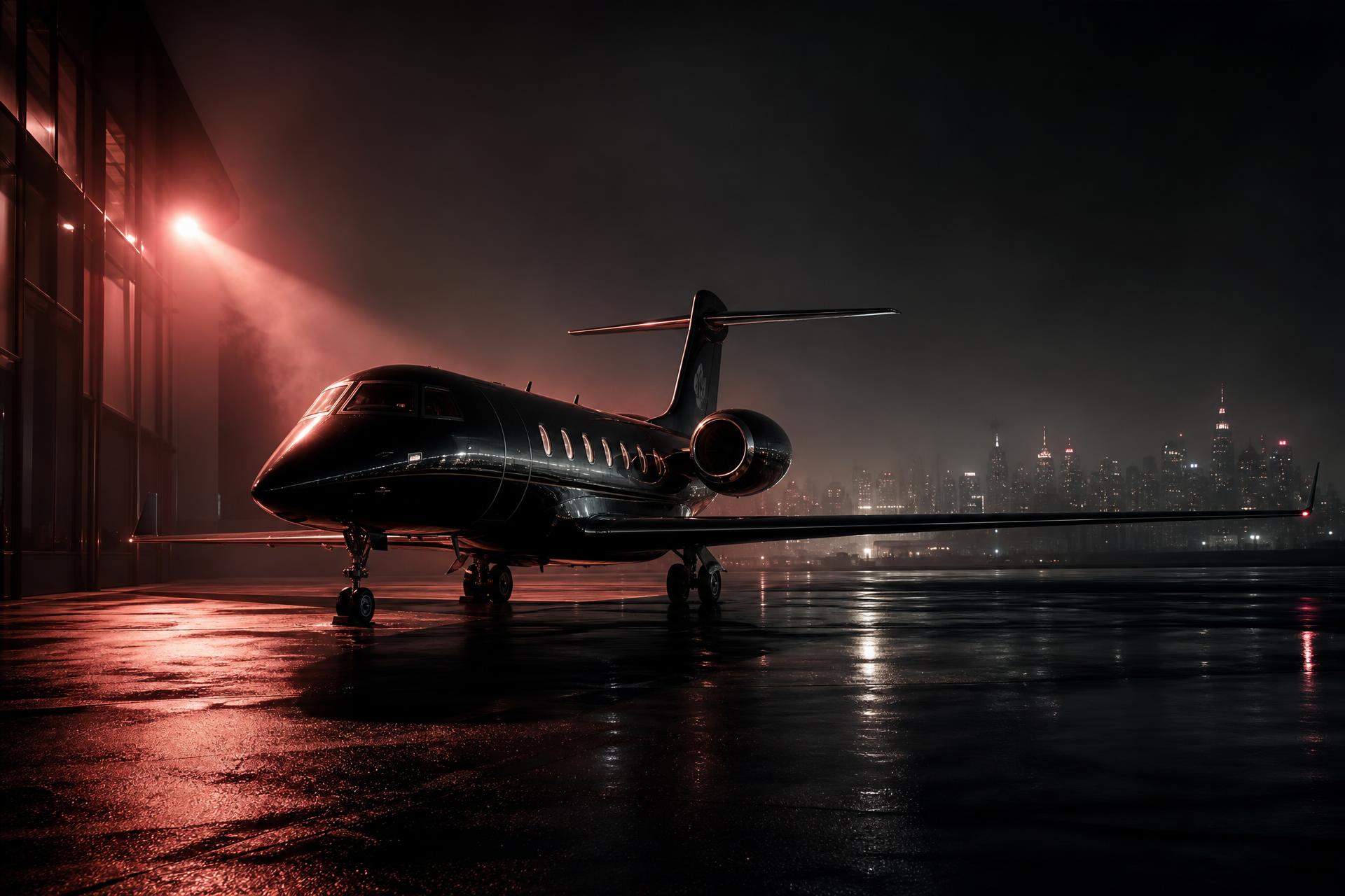 Private jet on a wet tarmac at night with a distant city skyline