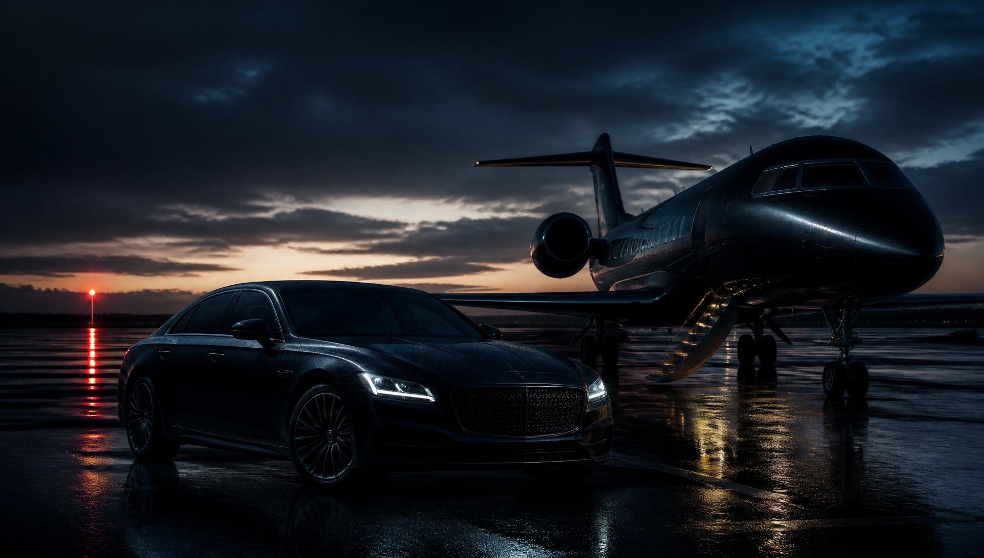Black luxury sedan beside a private jet on a runway at dusk